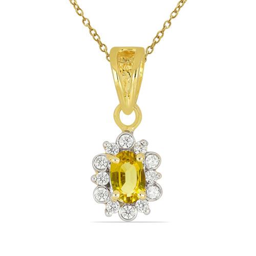 BUY REAL YELLOW SAPPHIRE GEMSTONE 14K GOLD HALO PENDANT WITH WHITE DIAMOND